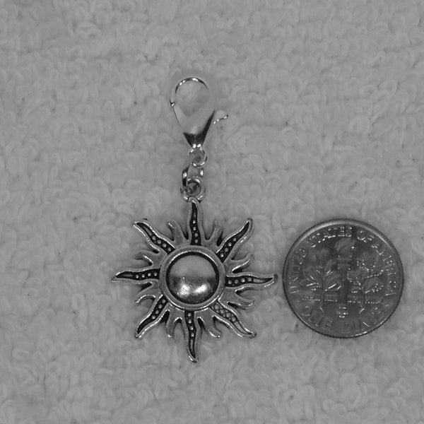 Sun Clip On Charm, Zipper Pull Sunshine Silvertone Sun Pendant Holiday Gift, Under 10 dollar