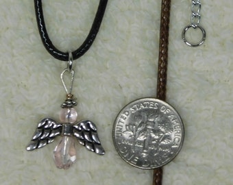 Angel Charm Necklace Guardian Angel Pendant Pink Jewelry Angel Gift, Crystal Nickel Free Black Cord, Plus Size, under 20 dollar