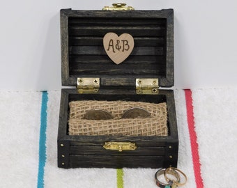 Wood Treasure Chest Ring Box, Ring Bearer Box, Custom Heart Personalized, Pirate, We Do, Year, Date, Marry Me, Equality, Small, Black Gray