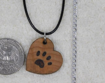 Necklace Paw Heart Choker Love Pendant Dog Cat Pet Engrave Wood Burn Gift, Chain, Black Cord 14,16 30 Plus Size