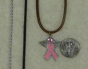 Breast Cancer Necklace Awareness Support Angel Pink Enamel Gem 10 dollar Jewelry Gift, Black or Brown Cord 14 16 20 22-30" Plus Size