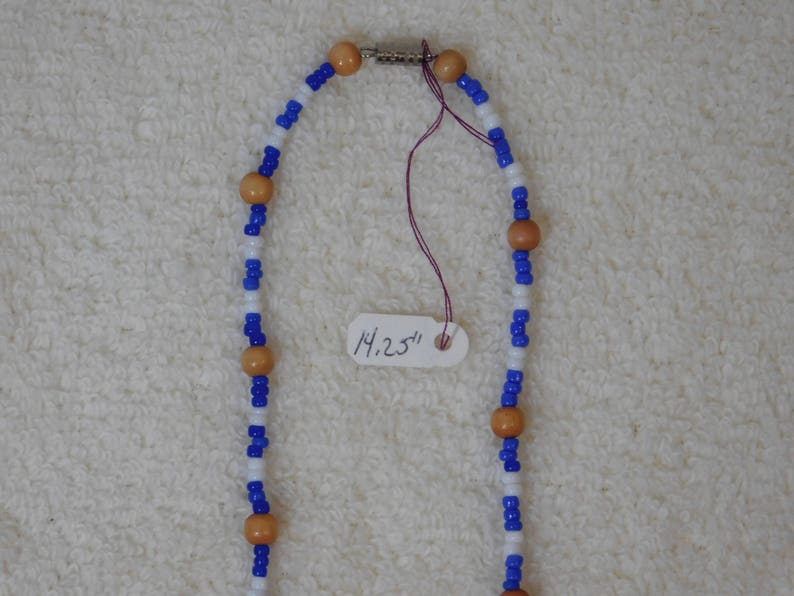 Unisex Necklace or Choker Nautical Beach Boho Casual Everyday Blue White Glass Wood Beaded Jewelry Thank You Gift Him or Her 14.25
