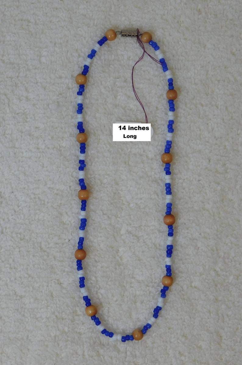 Unisex Necklace or Choker Nautical Beach Boho Casual Everyday Blue White Glass Wood Beaded Jewelry Thank You Gift Him or Her 14.25