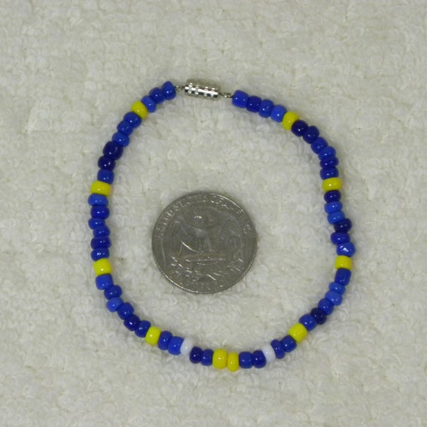 Unisex Anyone Bracelet Blue Yellow White Glass Beaded Barrel Clasp Holiday Gift 6, 7, 8" under 10 dollar gift