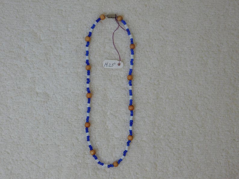Unisex Necklace or Choker Nautical Beach Boho Casual Everyday Blue White Glass Wood Beaded Jewelry Thank You Gift Him or Her 14.25