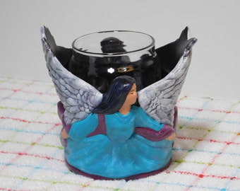 Angel Candle Holder Holiday Angel Gift Decor Present Ceramic Indiana USA Made 4.75" diameter, under 30 dollar Gift