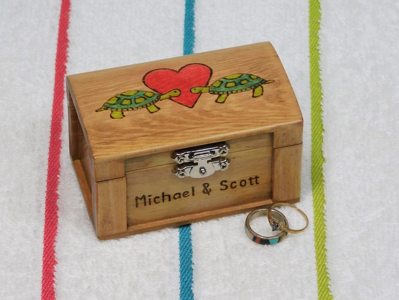 Turtles In Love, Wedding Ring Box, Jewelry Box, Ring Bearer Box Personalized, Turtle Crossing Arts image 4