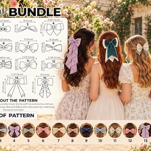 May include: A digital sewing pattern titled Bow Bundle featuring fifteen distinct hair bow designs with labeled dimensions in inches and centimeters. The image displays line drawings of each bow style and photographs of models wearing the finished hair accessories.
