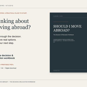 May include: A 60-page decision and relocation workbook titled Should I Move Abroad? The Decision & Relocation Workbook. The dark grey cover features white text. The workbook is a fillable and printable PDF digital download in English, A4 size.