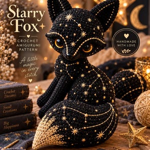 Può includere: Una volpe amigurumi all'uncinetto nera con grandi occhi color ambra, decorata con stelle e costellazioni ricamate in oro. La volpe ha la punta della coda color crema. Il testo sull'immagine recita: Starry Fox, Crochet Amigurumi Pattern, A little magic in every stitch, Handmade with love, Crochet Dreams, Small Creations, Big Happiness.