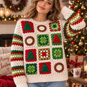 Può includere: Un maglione a maniche lunghe con girocollo realizzato con una griglia di quadrati all'uncinetto nei colori crema, rosso e verde. I quadrati presentano motivi alternati di alberi di Natale verdi, disegni circolari e texture in rilievo.