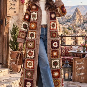 Può includere: Un cardigan lungo aperto sul davanti realizzato con toppe all'uncinetto granny square multicolori nei toni del marrone, rosso, verde e crema. Il capo presenta maniche lunghe, due grandi tasche applicate e un bordo all'uncinetto marrone.