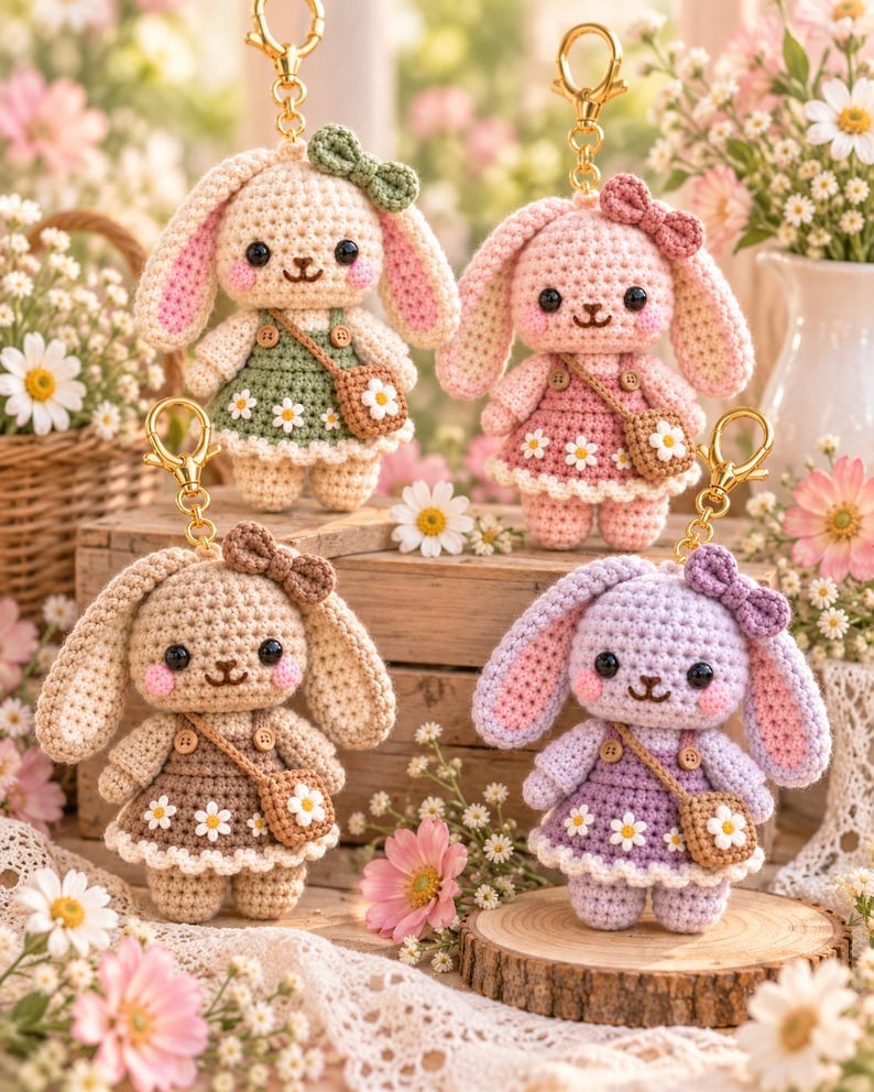 Bunny Blossom Amigurumi Crochet Pattern, Floral Rabbit Keychain ...