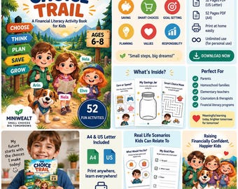 Cuaderno de actividades imprimible sobre educación financiera para niños, actividades sobre decisiones financieras para edades de 6 a 8 años, PDF de 52 páginas