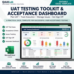 Verktygslåda för UAT-testning | Acceptanstestspårare, QA-testinstrumentpanel | Redigerbar Excel