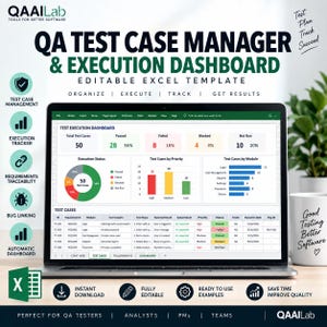 May include: A QA Test Case Manager and Execution Dashboard editable Excel template displayed on a laptop screen. The interface features a test execution dashboard with charts, a test case table, and icons for management, tracking, and bug linking.