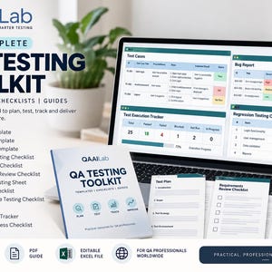 May include: A QA testing toolkit featuring a laptop displaying test cases, bug reports, and trackers, alongside a printed manual, checklists, and a mug. The text includes QAAILab, The Complete QA Testing Toolkit, and various testing document titles.