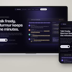 May include: A laptop and a smartphone displaying the Murmur website interface with a dark purple background. The screen features the text Talk freely. Murmur keeps the minutes, along with a chat transcript, audio waveform, and action items.
