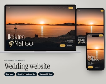 Personalized Destination Wedding Website with Boarding Pass RSVP, Elegant Gold Rings One-Page Design