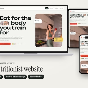 May include: A digital display of a nutritionist website design shown on a laptop, tablet, and smartphone. The interface features the text Eat for the body you train for, a photo of a person in a kitchen, and buttons for nutrition coaching services.