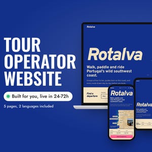 May include: A digital display showing a tour operator website design for Rotalva, featuring a laptop, tablet, and smartphone screen. The interface includes maps of the Portuguese coast, text reading 'Walk, paddle and ride Portugal's wild southwest coast', and navigation menus on a deep blue background.