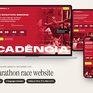 Op de afbeelding: Een digitale weergave van een marathon-website op een laptop, tablet en smartphone. De interface heeft een opvallend rood kleurenschema met witte tekst, inclusief de titel CADÊNCIA, evenementdetails en een aftelklok voor het raceweekend.