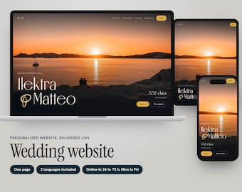 Personalized Destination Wedding Website with Boarding Pass RSVP, Elegant Gold Rings One-Page Design