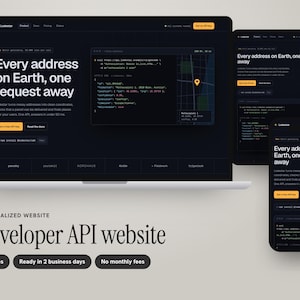 May include: A dark-themed developer API website interface displayed on a laptop, tablet, and smartphone. The screen features the text Every address on Earth, one request away, code snippets, and a yellow Get an API key button on a black background.
