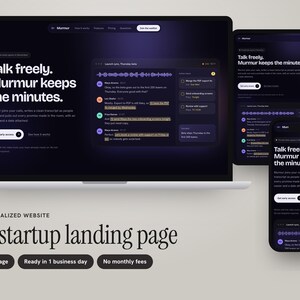 Peut inclure: Une maquette numérique d'une page d'atterrissage de startup IA au thème sombre affichée sur un ordinateur portable, une tablette et un smartphone. L'interface présente le texte Talk freely. Murmur keeps the minutes et des listes de tâches.