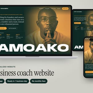 May include: A digital display of a business coach website design shown on a laptop, tablet, and smartphone. The interface features a dark green background, bold white typography reading AMOAKO, and a portrait of a person wearing glasses.