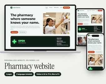 Personalized Pharmacy Website, Independent Pharmacy Site with Refill Request and Live Open Sign