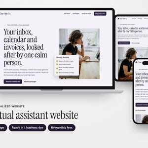 Könnte beinhalten: Ein Website-Design für einen virtuellen Assistenzdienst, dargestellt auf einem Laptop, Tablet und Smartphone. Die Benutzeroberfläche zeigt dunklen Text auf weißem Hintergrund mit der Überschrift: Your inbox, calendar and invoices, looked after by one calm person.