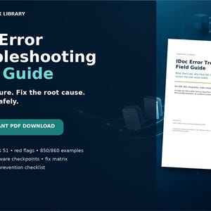 May include: A 16-page PDF download titled IDoc Error Troubleshooting Field Guide. The document covers IDoc basics, status 51, red flags, 850/860 examples, OpenText and middleware checkpoints, a fix matrix, an evidence packet, and a prevention checklist.