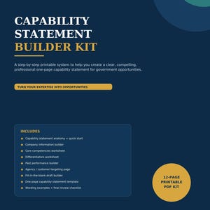 May include: A dark blue digital document titled Capability Statement Builder Kit by Summitshelf Partners. It includes a 12-page printable PDF kit with sections for company information, core competencies, differentiators, and a one-page template.