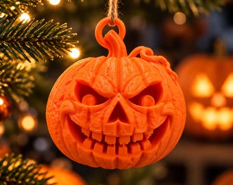 Może przedstawiać: Jasnopomarańczowa ozdoba w kształcie dyni wydrukowana w 3D, przedstawiająca wyrzeźbioną, groźną twarz jack-o'-lantern z ostrymi, poszarpanymi zębami i głęboko osadzonymi oczami. Okrągła dynia ma teksturowaną powierzchnię i pętelkę do zawieszenia na sznurku.