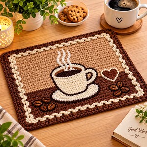 Op de afbeelding: Een rechthoekige gehaakte mat met een tweekleurige achtergrond in beige en donkerbruin. Het midden toont een crèmekleurige koffiekop met opstijgende stoom, vergezeld door een klein bruin hartje en koffiebonen, omrand door een crèmekleurige gevlochten rand.