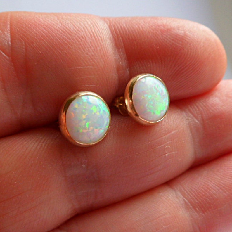 White opal, 14k gold stud earrings, 4mm, 6mm, 8mm wide cabochons, Australian white gemstone opal 