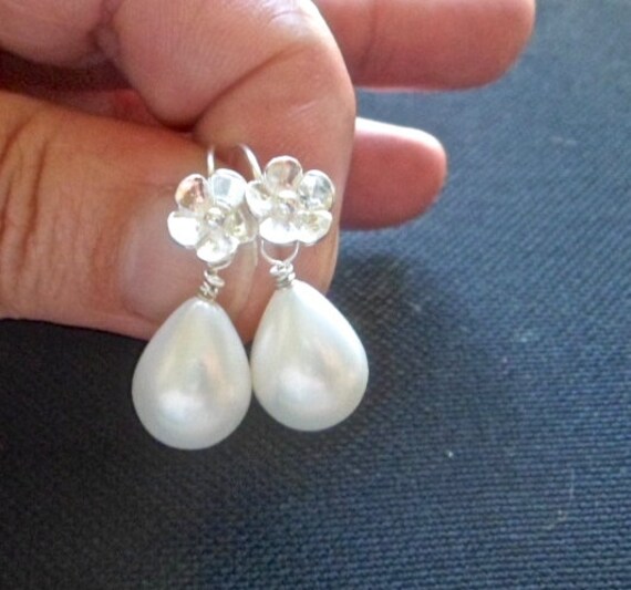 White Shell Pearl Tear Drop Flower Earrings Sterling Silver | Etsy