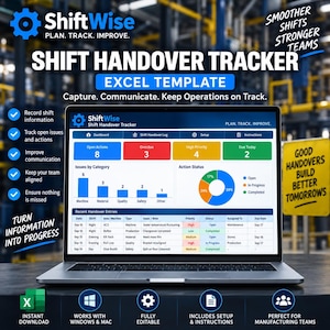 Könnte beinhalten: Ein Laptop-Bildschirm zeigt die Excel-Vorlage ShiftWise Shift Handover Tracker. Das Dashboard enthält Datenvisualisierungen, darunter ein Balkendiagramm für Probleme nach Kategorien, ein Kreisdiagramm für den Status und eine Tabelle mit Einträgen.