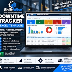 Könnte beinhalten: Ein Laptop mit der ShiftWise Downtime Tracker Excel-Vorlage. Der Bildschirm zeigt ein Dashboard mit Diagrammen, einer Tabelle aktueller Ereignisse und Kennzahlen. Der Text umfasst "Downtime Tracker" und "Excel Template".