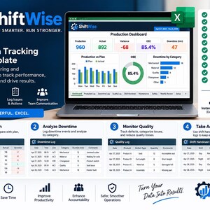 May include: A laptop displaying the ShiftWise all-in-one production tracking Excel template. The screen shows a dashboard with production metrics, OEE, and downtime charts. Below are logs for production, downtime, quality, and shift handovers.