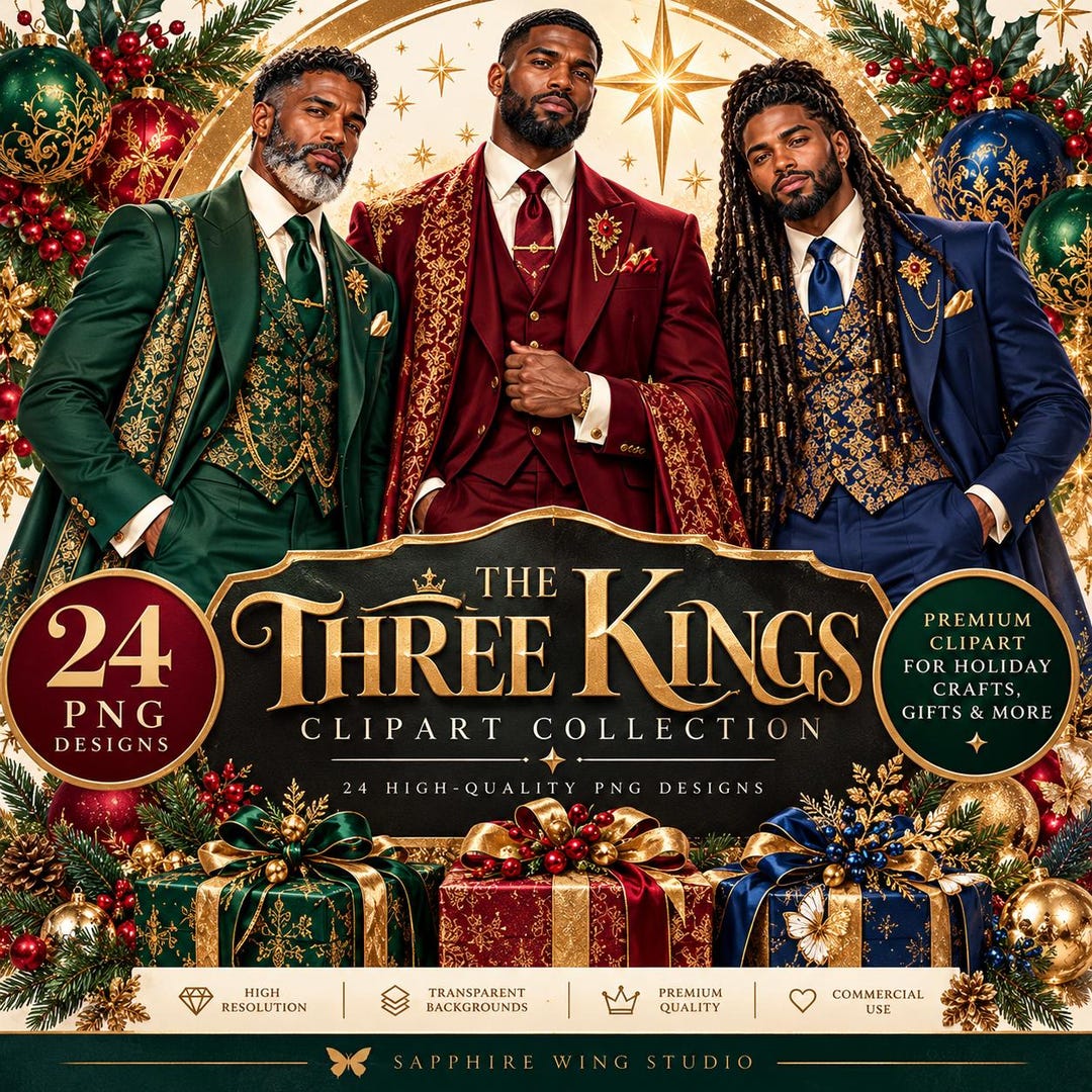 African American Three Kings Clipart Bundle, Modern Christmas Pngs (24 ...