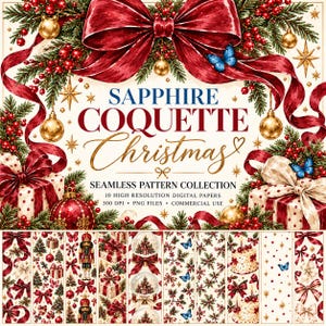 Può includere: Una collezione di carta digitale intitolata SAPPHIRE COQUETTE Christmas con un grande fiocco rosso, rami di pino, bacche rosse, ornamenti dorati e farfalle blu. L'immagine mostra dieci motivi senza cuciture con schiaccianoci e regali.