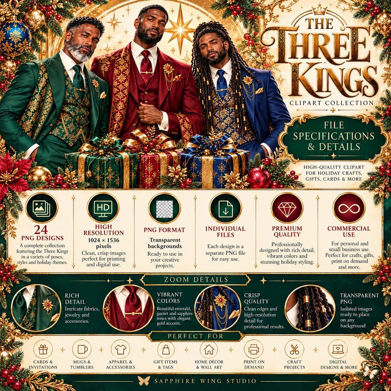 African American Three Kings Clipart Bundle, Modern Christmas Pngs (24 ...