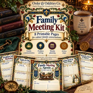May include: A Family Meeting Kit featuring 8 printable pages with decorative borders. The main sign reads Order & Oddities Co. Family Meeting Kit. Includes worksheets for family communication, problem solving, weekly planning, and action steps.
