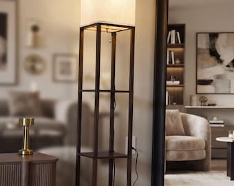 Modern 63 Inch Floor Lamp with 3-Tier Shelves, Wood Display Organizer, Corner Light