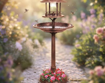 Vasca per uccelli solare con fioriera: decorazione da giardino per esterni, vasca per uccelli con piedistallo illuminato (regalo per il giardino)