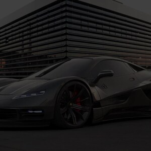 May include: A dark gray sports car with red brake calipers parked in front of a modern building with horizontal slats. To the left, a light gray vertical panel features the black text WORK, PERSONAL, and MISC separated by horizontal black lines.