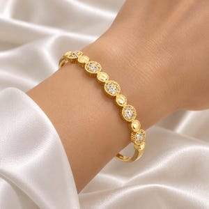 CLARA - Gold Crystal Bangle Bracelet, Sparkling Round Charm Cuff, Elegant Statement Jewelry for Women