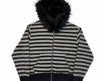 Sudadera con capucha unisex estilo gótico punk grunge con cuello de piel y cremallera, con rayas.